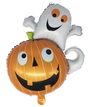 Halloween folieballong med motiv av gulligt spöke sittande på en söt pumpa. Denna folieballong är tillverkad av högkvalitativt m