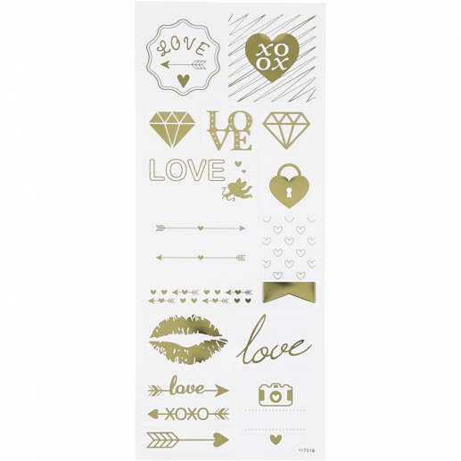 Stickers 10 x 24 cm ca. 14 st Guld Love Klistermärken