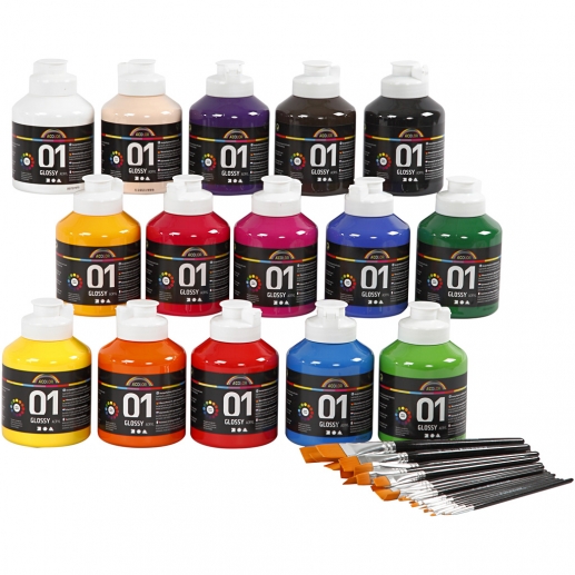 A-Color Akrylfärg 15 Mixade Färger och 30 penslar Hobbyfärg Set