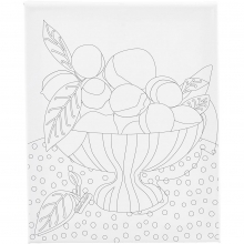 Förtryckt målarduk med fruktskål på vit spännram, redo att målas.