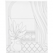 Förtryckt målarduk med fönstermotiv på vit spännram, redo att målas.