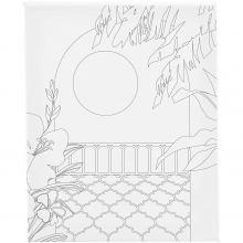 Förtryckt målarduk med motiv av solig balkong på vit spännram, redo att målas.