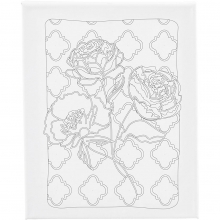 Förtryckt målarduk med rosmotiv på vit spännram, redo att målas.