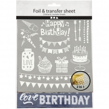 Limfolie Blå/Silver Happy Birthday 15x15 cm Dekorationsfolie