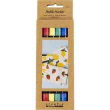 Förpackning med 6 textiltuschpennor i standardfärger.