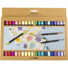 Förpackning med 20 textiltuschpennor i kompletterande färger.