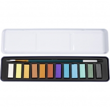 Metallåda med 12 metallicakvareller och pensel, locket öppet och använt som palett.