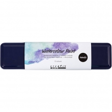 Metallåda med 12 metallicakvareller och pensel, locket öppet och använt som palett.