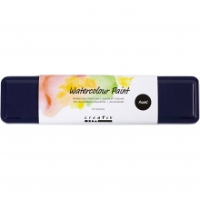 Metallåda med 12 akvarellfärger och pensel, locket öppet och använt som palett.