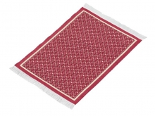 Fantastiskt detaljrik vävd miniatyr matta med röd färg och modern design.