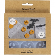 Silikonform, 2 st, matt transparent, fladdermöss och pumpor, packshot.