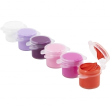 Plus Color hobbyfärg 6×5 ml, lila/pink harmoni, burkar och förpackning.