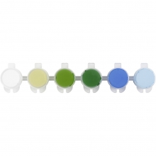 Plus Color hobbyfärg 6×5 ml, blå/grön harmoni, burkar och förpackning.