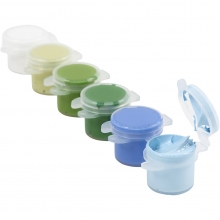 Plus Color hobbyfärg 6×5 ml, blå/grön harmoni, burkar och förpackning.