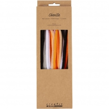 Närbild på piprensare i orange, svart och lila i mixad förpackning för pyssel.