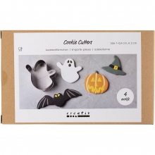 Fyra utsticksformar i rostfritt stål formade som spöke, pumpa, häxhatt och fladdermus.