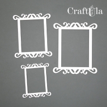 Tre detaljerade chipboardramar i beige naturton i tre olika storlekar med laserskurna ornament.