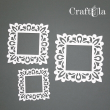 Tre detaljerade chipboardramar i beige naturton i tre olika storlekar med laserskurna ornament.