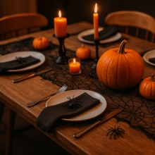 Mönster med spindelnät. Effektfullt mot t.ex. orange eller vit duk. Bordslöparen är perfekt till halloween-festen!