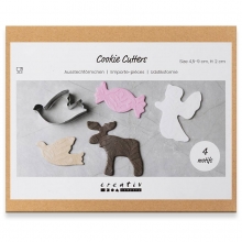 Fyra utsticksformar i rostfritt stål formade som ängel, ren, duva och godis.