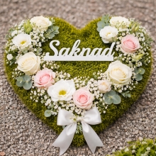 Saknad - Skylt på Pinne - Gravsmyckning, gravdekoration, begravningskrans