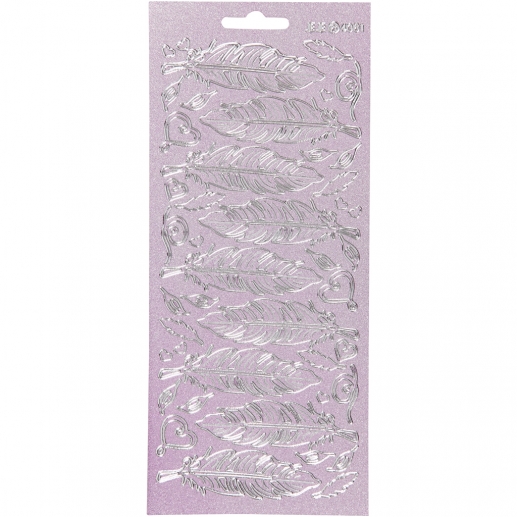 Stickers - 10x23 cm - Silver - Pärlemor Rosa - Fjädrar