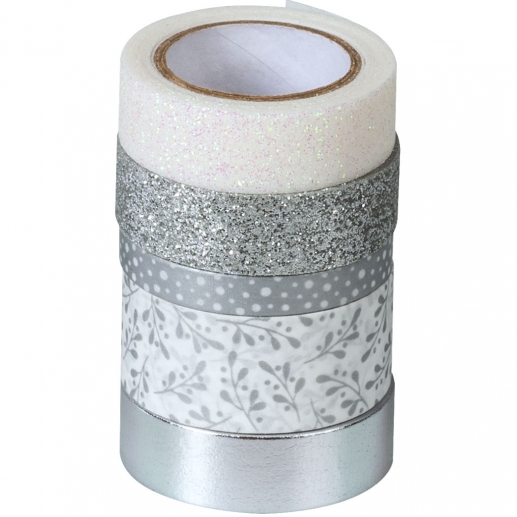 Dekorationstejp - Glittertejp 5-pack - Silver Glossy