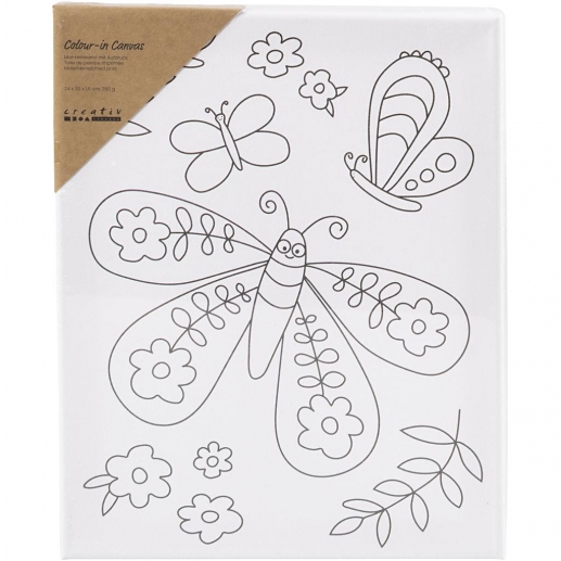 Förtryckt målarduk med stor fjäril på vit spännram, redo att målas.