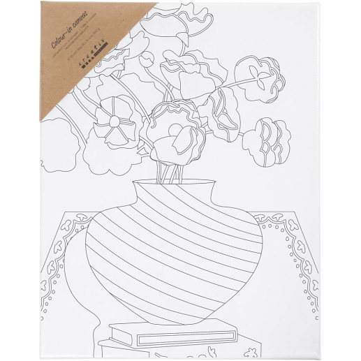 Förtryckt målarduk med bukett i vas på vit spännram, redo att målas.