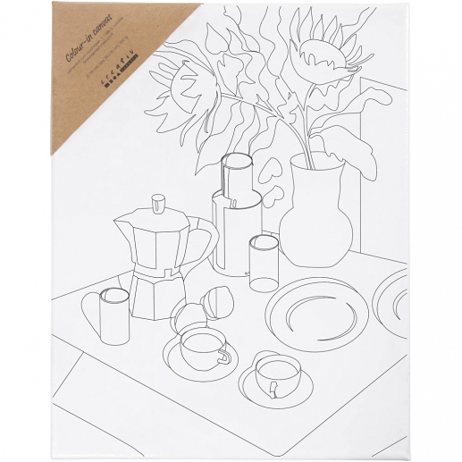 Förtryckt målarduk med frukostbordsmotiv på vit spännram, redo att målas.