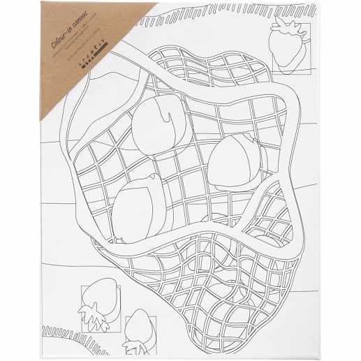 Förtryckt målarduk med citrusfrukter på vit spännram, redo att målas.