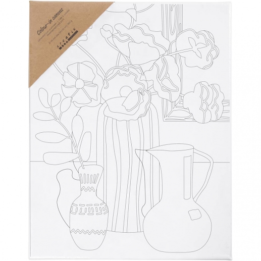 Förtryckt målarduk med blommigt stilleben på vit spännram, redo att målas.