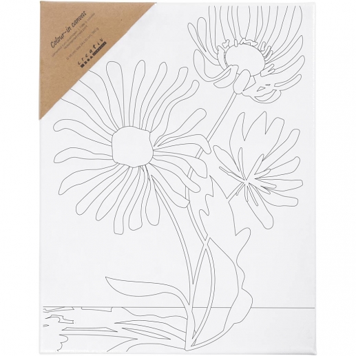 Förtryckt målarduk med stora blommor på vit spännram, redo att målas.