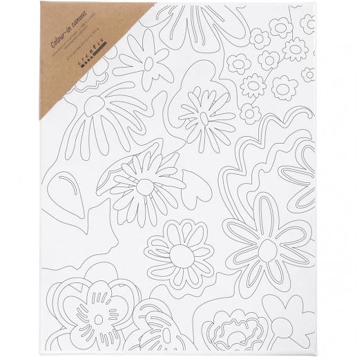 Förtryckt målarduk med blommotiv på vit spännram, redo att målas.