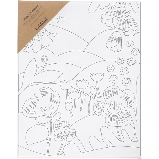 Förtryckt målarduk med blommigt landskap på vit spännram, redo att målas.