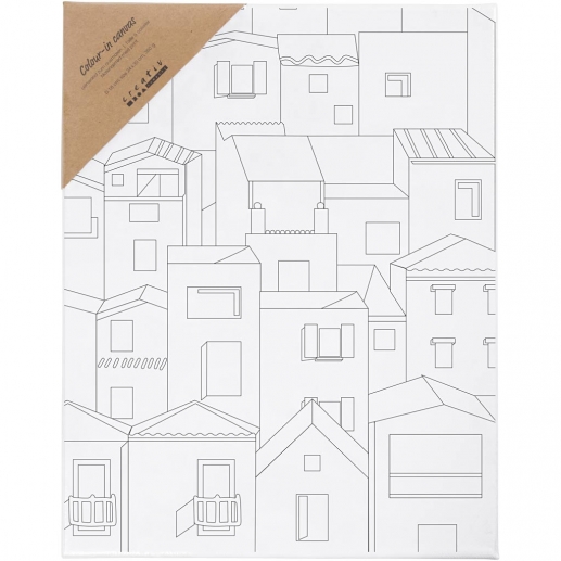 Förtryckt målarduk med stadsmotiv på vit spännram, redo att målas.