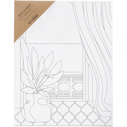 Förtryckt målarduk med fönstermotiv på vit spännram, redo att målas.