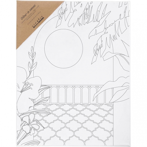 Förtryckt målarduk med motiv av solig balkong på vit spännram, redo att målas.