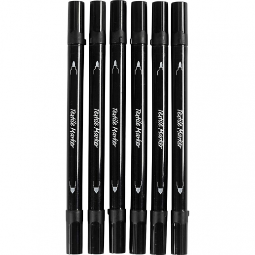 Förpackning med 6 textiltuschpennor med dubbel spets.