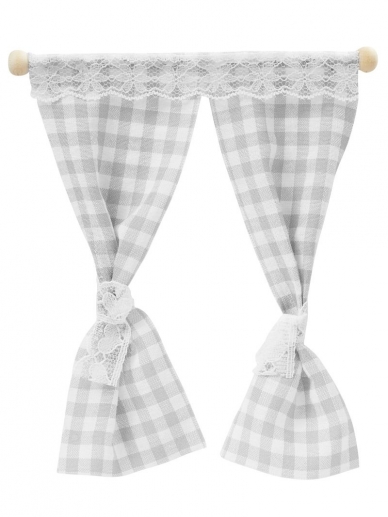 Verklighetstrogna miniatyr gardiner med grårutigt tyg.