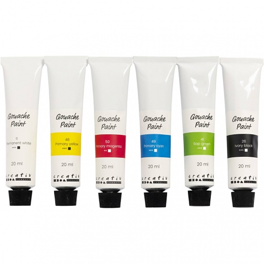 Gouachefärg set 6×20 ml, standardfärger, tuber och förpackning.