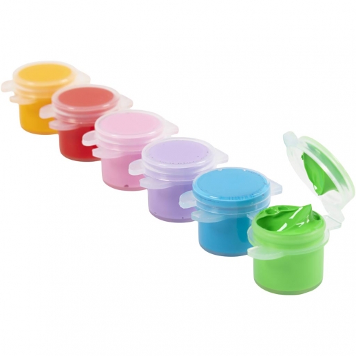 Plus Color hobbyfärg colorful 6×5 ml, burkar och förpackning.