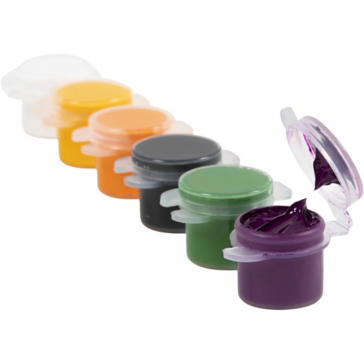 Plus Color hobbyfärg 6×5 ml, halloweenfärger, burkar och förpackning.