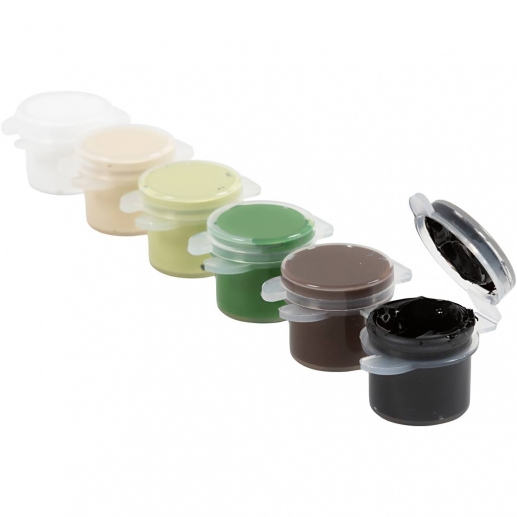 Plus Color hobbyfärg 6×5 ml, naturfärger, burkar och förpackning.