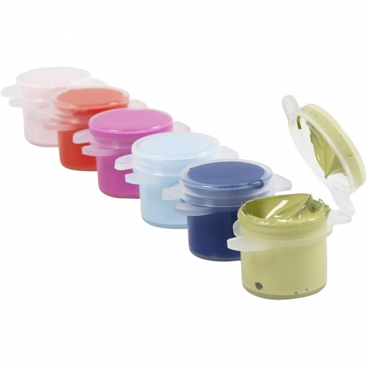 Plus Color hobbyfärg 6×5 ml, starka färger, burkar och förpackning.