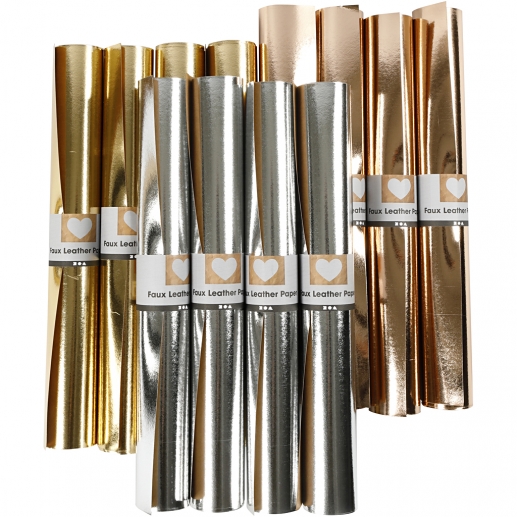 Storpack Läderpapper Guld, Rosaguld, Silver 12x1 meter