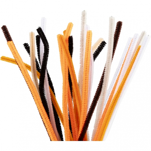 Närbild på piprensare i orange, svart och lila i mixad förpackning för pyssel.