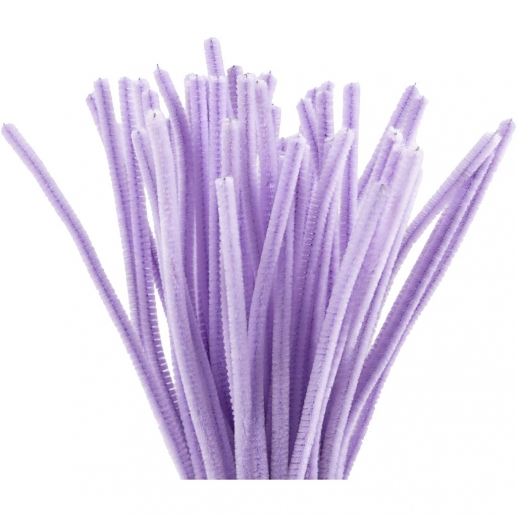 Närbild på lila piprensare i tät förpackning för pyssel.