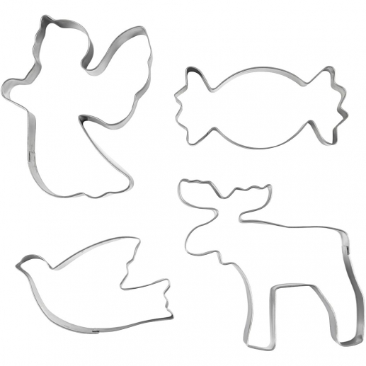 Fyra utsticksformar i rostfritt stål formade som ängel, ren, duva och godis.