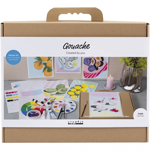 DIY-kit i gouache: låda, instruktioner och färgtuber.